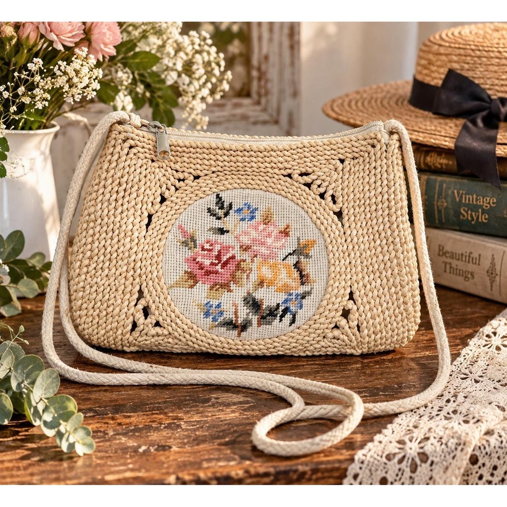 Vintage Woven Straw Shoulder Bag Floral Needlepoint Purse Cottagecore Crossbody